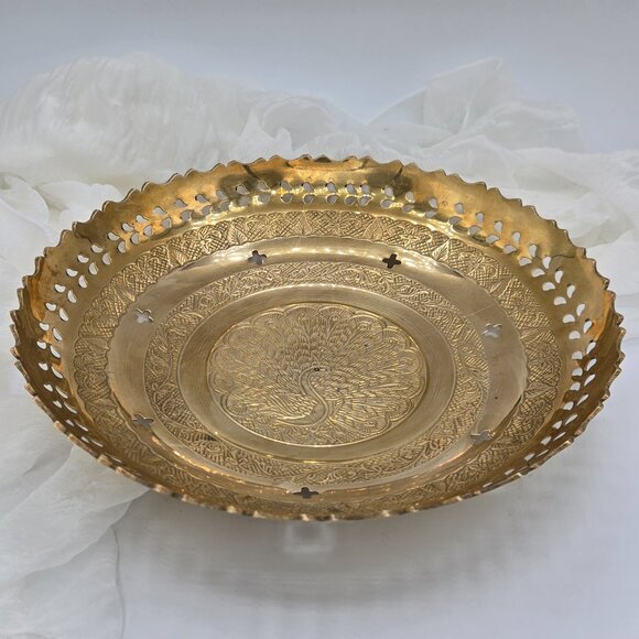 Brass Peacock Bowl Vintage Ornate Shallow Pedestal Fruit Tray Entryway Catchall - Picture 3 of 8